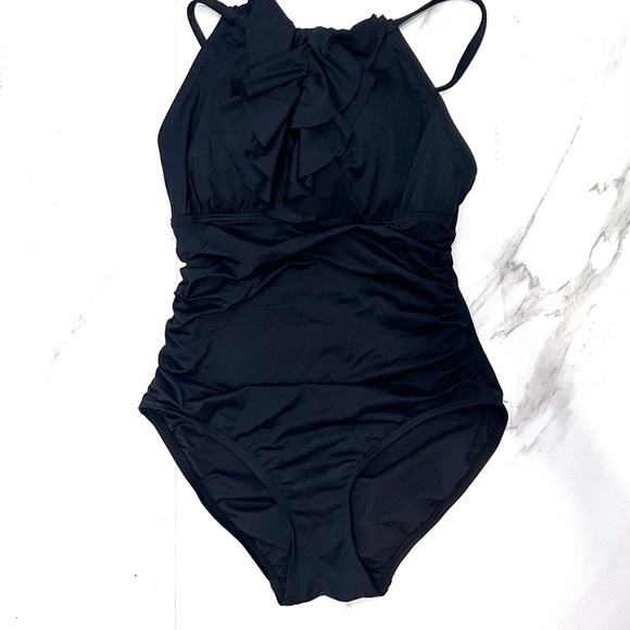 DKNY Black Classic One Piece halter swimsuit ruffle front detail 6 - Picture 1 of 9